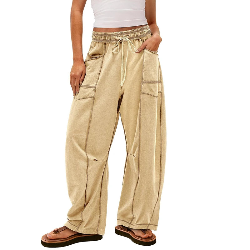 Fashion Women Casual Loose Wide Leg Pants Women Solid Color High Waist Drawstring Long Trousers Jogging Sportswear