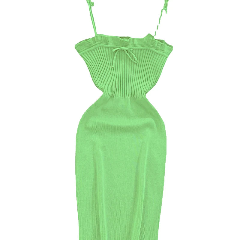 2024 Ribbed Lace Up Dress  Elegant Solid Slim Ruffle Trim Dress Women&