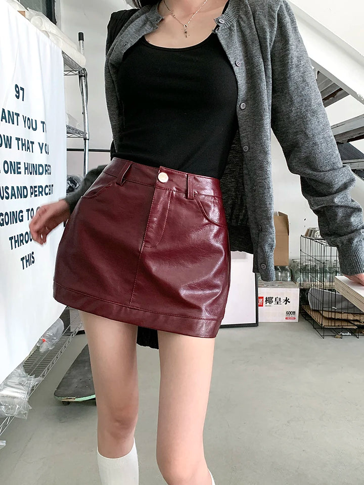 Wine Red PU Leather Mini Skirt Women Spring High Waist Slim A-Line Hot Girl Skirt Ins Spicy Burgundy Party Skirts Y2k Clothing