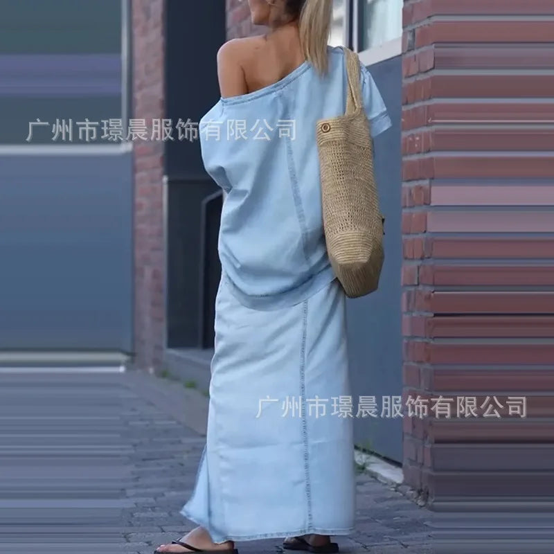 Summer Maxi Skirt Sets Women 2025 Fashion Long Sleeve Loose Tees Tops 2 Pieces Set For Woman Elegant
