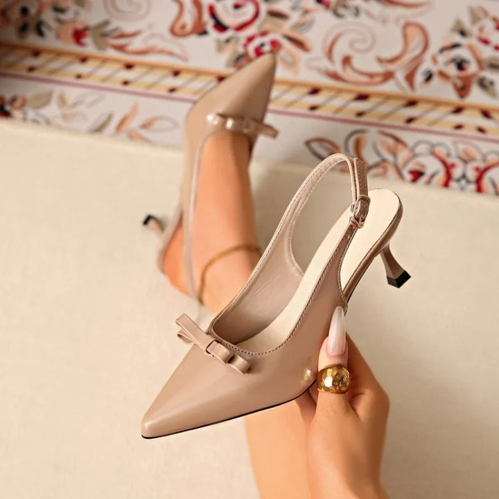 Women Pointed Toe Slingback Heels Elegant Patent Leather Metal Buckle Mid Kitten Heel Dress Shoes for Party Office Wedding Shoes