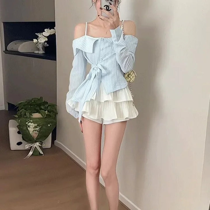 One-length Off-shoulder for Women in Spring Summer Irregular Waist-hugging Lace-up Top Trendy Pleated Skirt Suit