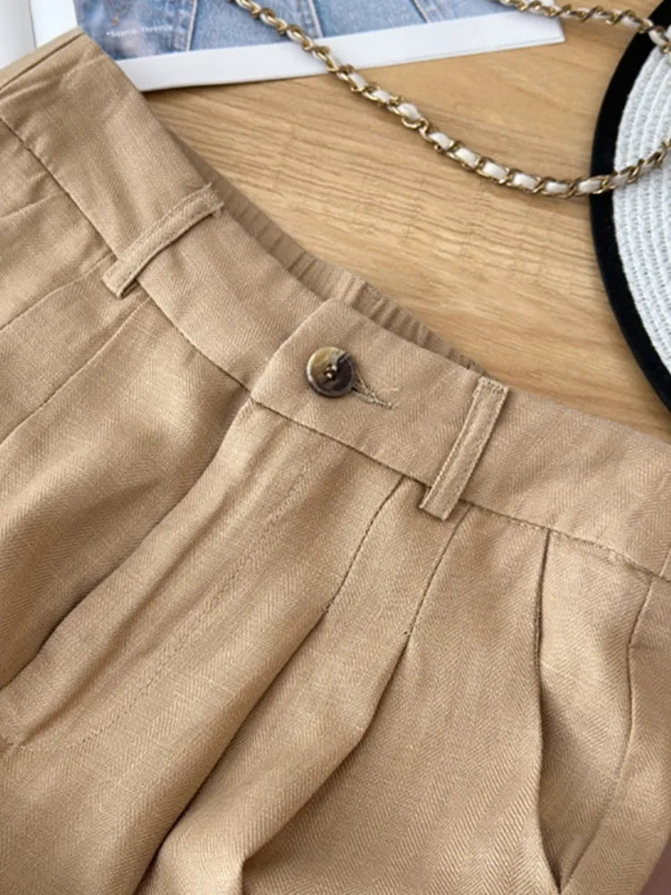 Khaki Linen Wide Leg Pants Women Summer Thin  Casual Loose Drapey Slimming Cotton Linen Long Pants Commute Style High W...