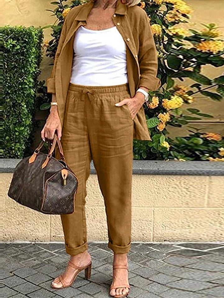 Cotton Linen Set Women Spring Summer Loose Oversize Long Sleeve Shirt Long Pants 2 Piece Sets Casual Office Ladies Trousers Suit