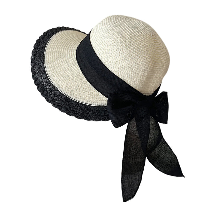 Women Wide Brim Straw Hat Lace Edge Design Beach Caps with Bowknot for Outdoor Sports Hiking Travel