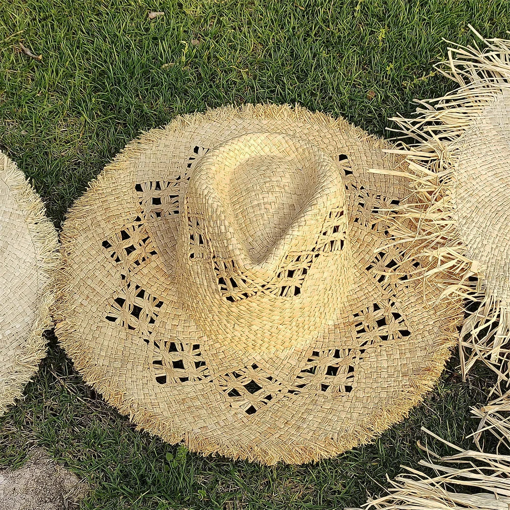 Large Brim Straw Hat Raffia Hand-woven Pattern Straw Hat Sun Protection Beach Sun Hat Women&