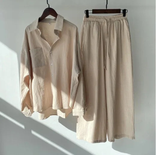 Women Linen 2 Piece Outfit Set Lapel Long Sleeve Button Down Shirt Elastic Waist Wide Leg Pants Casual Loose Matching Suit Vacat