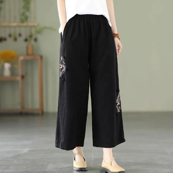 Fashion Women Embroidery High Waist Oversized Pants Summer Cotton Hemp Thin Elastic Band Loose Wide Leg Casual Straight Trousers