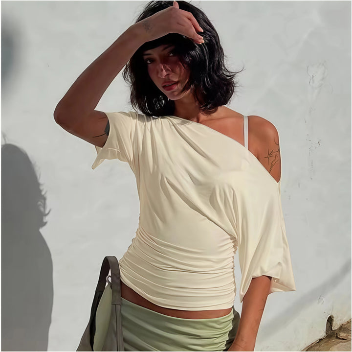 Women One‑Off‑Shoulder Satin T‑Shirt Waist Ruched Slim Fit Crop Top Solid Color Slanted Shoulder Y2K Casual Women Tees Tops