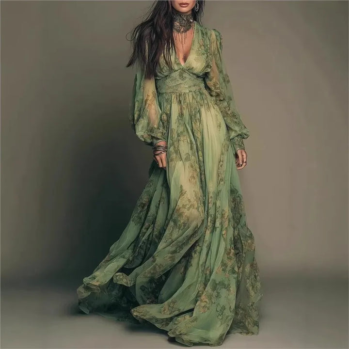 Elegant Green Floral Print Chiffon Maxi Dresses For Womeni Spring Sexy Deep V Neck High Waist Long Sleeve Boho Beach Long Dress