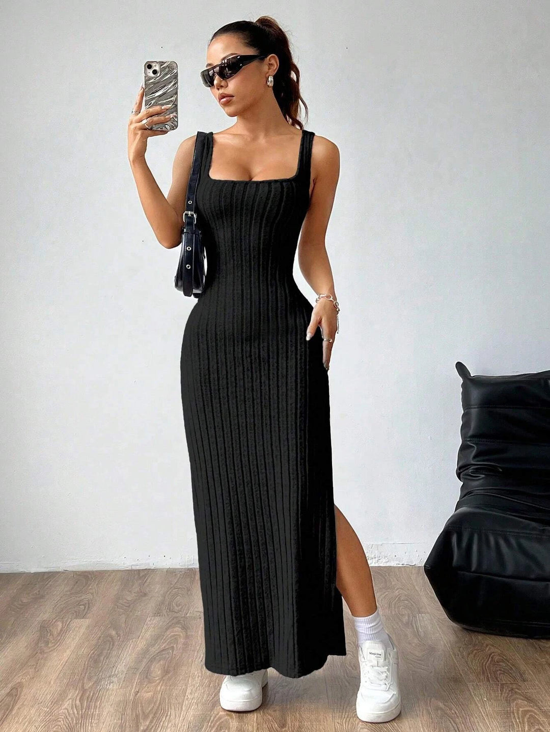 Women Ribbed Knit Maxi Dress Sleeveless Twist Back Cutout High Split Bodycon Long Dress