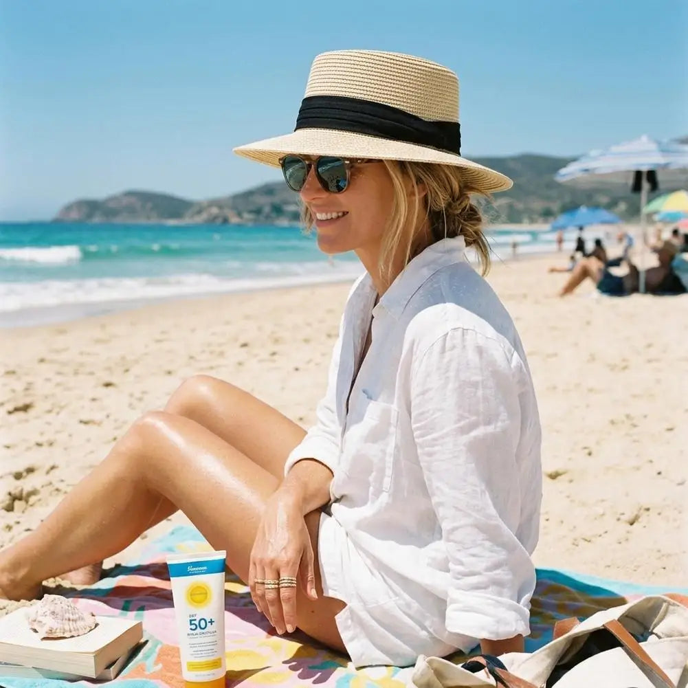 Boater Straw Hat wide brim French elegant square ribbon women&