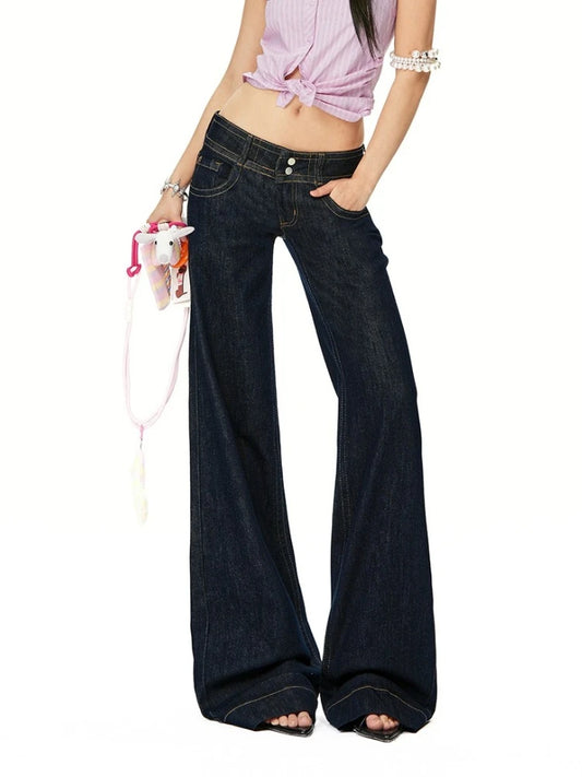 Women Vintage Blue Jeans Hip Hop Fashion Streetwear Y2K Wide Leg Straight Low Waist Jeans Baggy Denim Pants