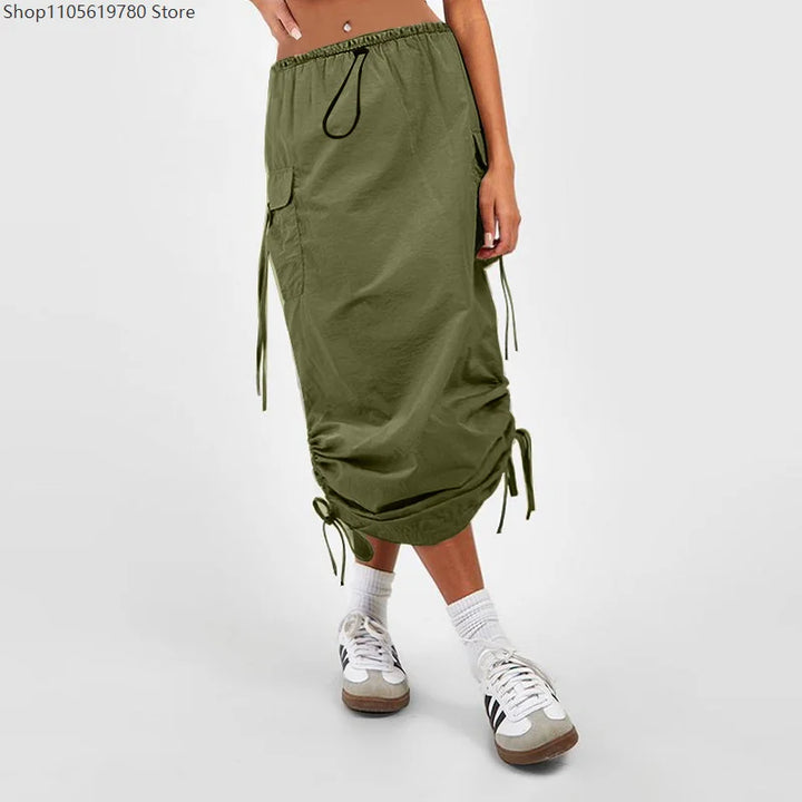 Long Bodycon Sheath Midi Skirt Women Elastic Waist Shirred Ruched Side With Pockets Fashion Streetwear Dating Outfit 2026