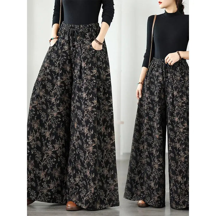 Denim Wide-leg Pants For Women 2025 Autumn New Style Printed Elastic Waist Loose Oversized Casual Denim Straight Pants