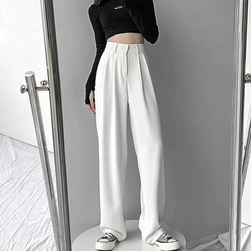 Straight Leg Brown with Pockets Trousers for Woman Black High Waist Tailoring Office Clothing Work Women&
