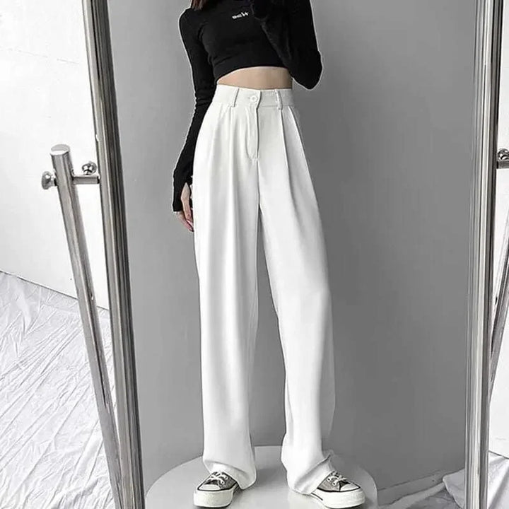 Straight Leg Brown with Pockets Trousers for Woman Black High Waist Tailoring Office Clothing Work Women&