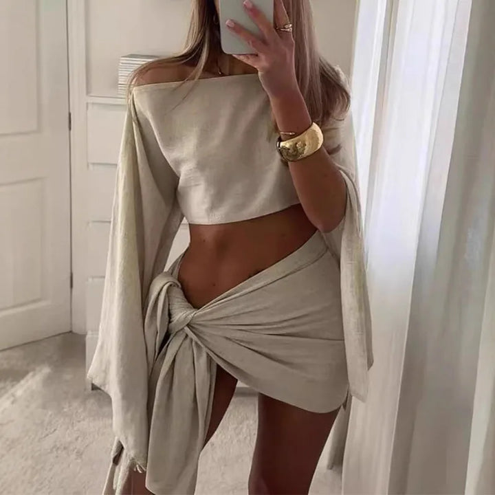 Women Two Pieces Sets Summer Crop Top+Mini Skirts Casual Clothing Suits Chic Streetwear Solid Color Lady Sexy Beach Outfits