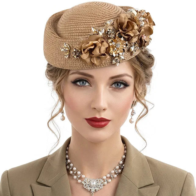 2026 Spring Summer Woven Straw Beret Cap Elegant Rhinestone Applique Fedora Cap Headwear French ‌Elegant Ladies Stewardess Hat‌