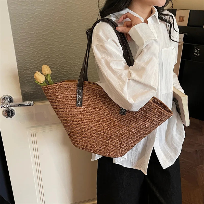 New Summer Fashion Women Top-Handle Bags Large Capacity Straw Shoulder Bag for Beach Vacation Versatile Commuting Beach Bag