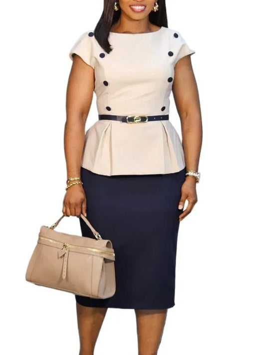 Dress Office Wear for Women Professional Skew Collar Three Quarter Sleeve Belt Waisted Sheath Package Hips Mid Calf Formal Dress