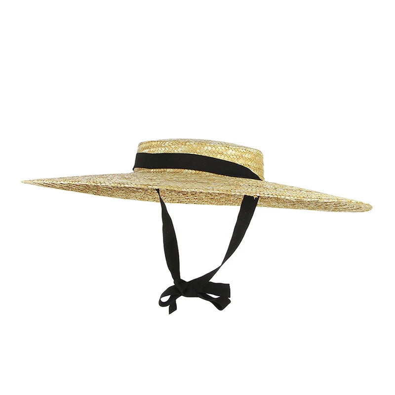 Wide Brim Straw Hat For Women Long Ribbon Ladies Beach Hat Summer Sun Visor Cap Flat Top Large Brim Tie Straw Straw Hat