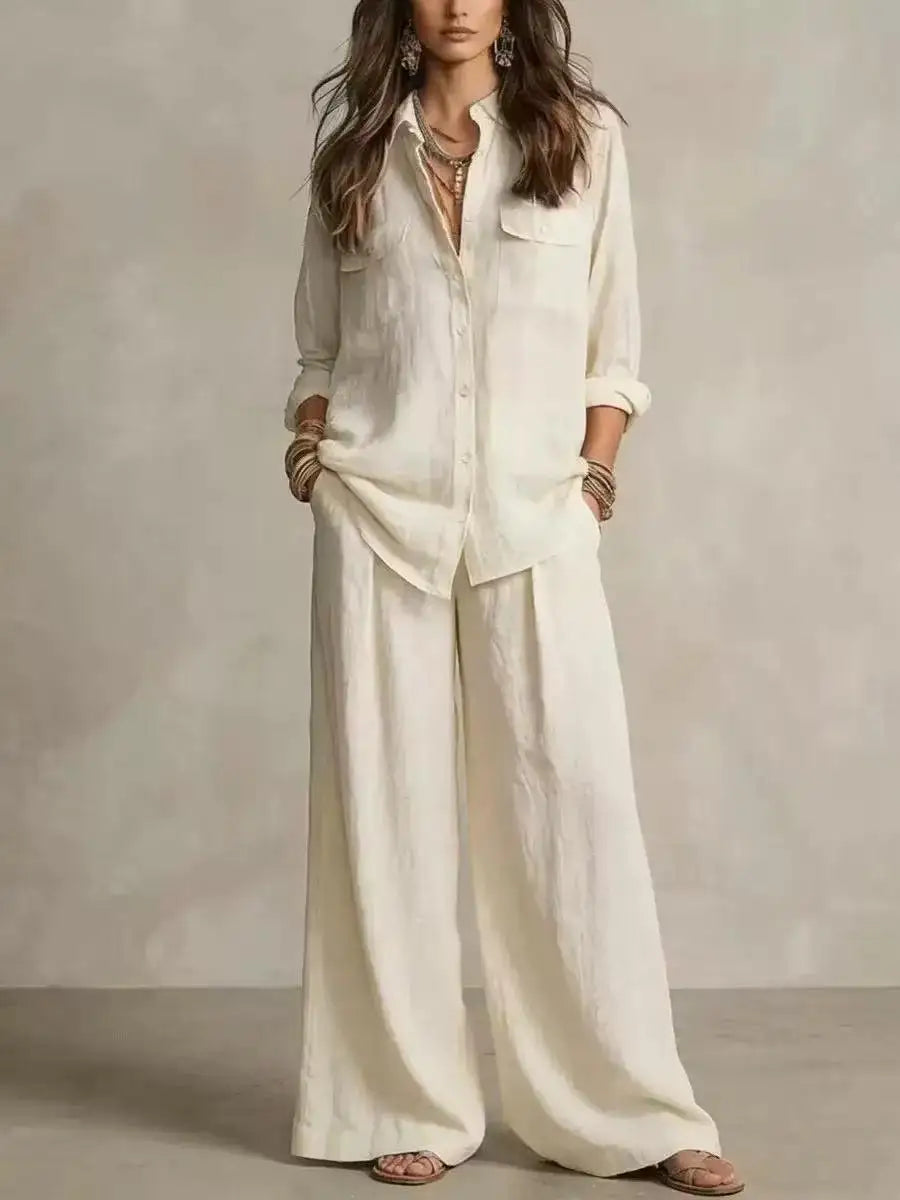 Women Linen Co Ord Set 2 Piece Outfit Long Sleeve Pocket Button Down Shirt High Waist Loose Wide Leg Trousers Boho Casual Vacati