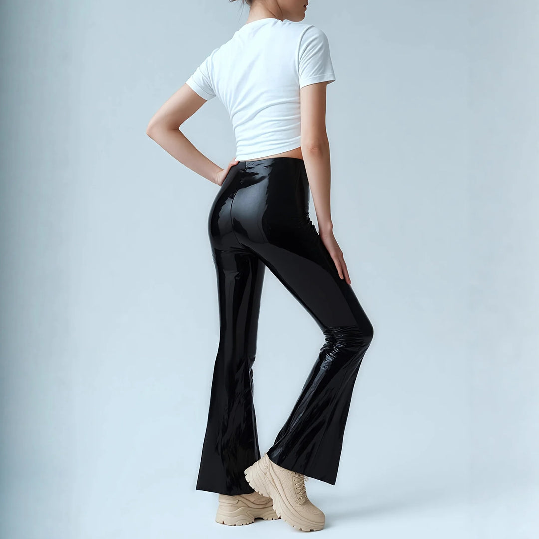 New PU Mirror Leather Pants European And American Womens  High Waist Black Casual Flared Trousers Slim Fit Long Pants