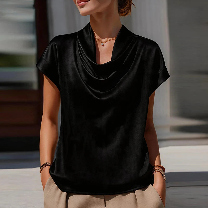 Summer Satin Cowl Neck Short Sleeve Blouse Women Fashion Solid Color Silk Shirts For Women Summer Loose Tee Office Lady Tops