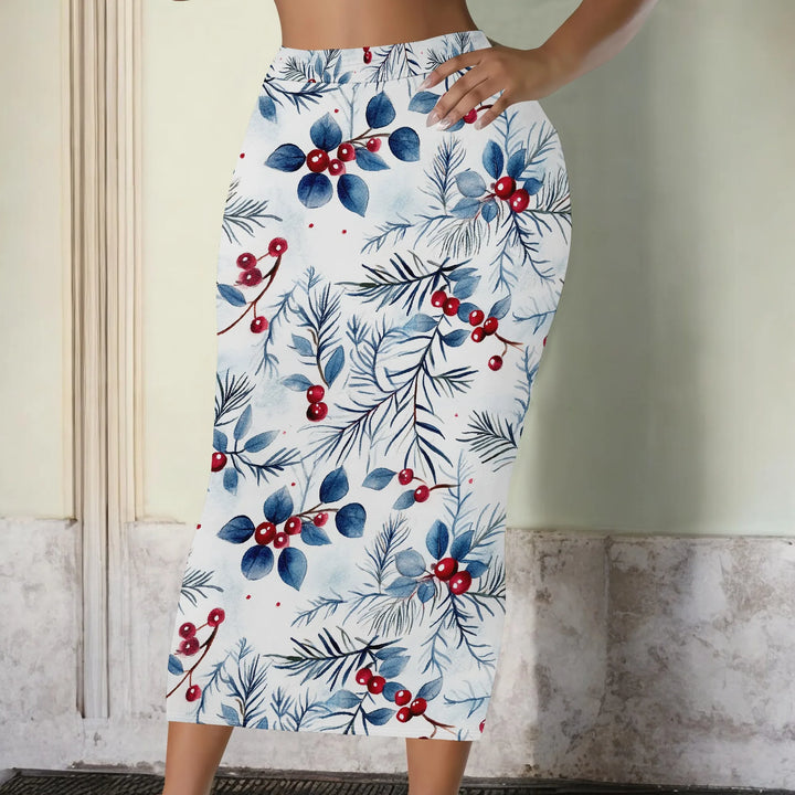 Floral Print Pencil Skirt, Red Berry Leaf Pattern Midi Skirt, High Waist Bodycon Skirt for Women Office Party Wear S-2XL