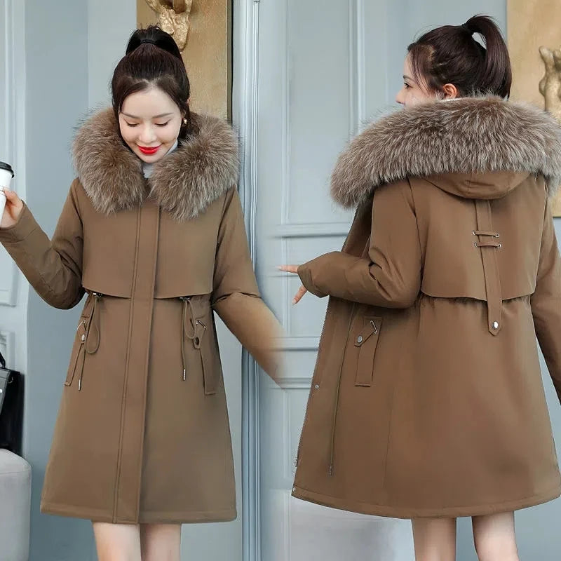 2026 New Women Winter Jacket 8XL Slim Long Coat Casual Parkas Big Fur Collar Wool Liner Hooded Outwear Cotton Warm Coats Female
