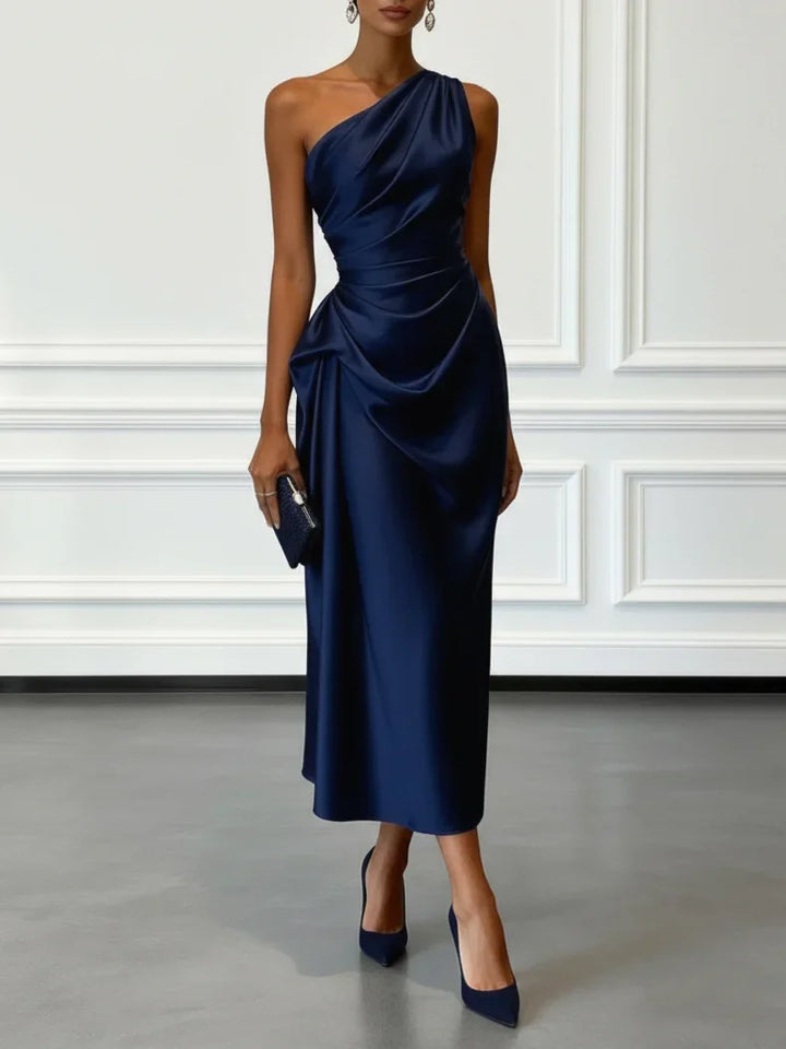 Elegant One Shoulder Satin Ruched Midi Dress for Formal Evening Cocktail Party