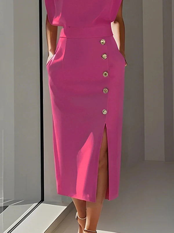 Krisstarsgirls Elegant Midi Skirt for Women 2025 Summer Split-joint Office Work Party Birthday High Waisted Button Skirt Female