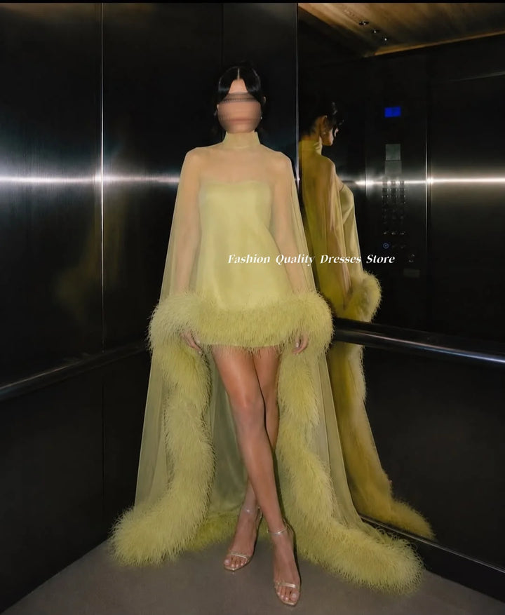 Evening Dress For Women High Neck Sheer Tulle Cape Gown Feather Trim Long Train Mini Formal Cocktail Prom Dresses Customized