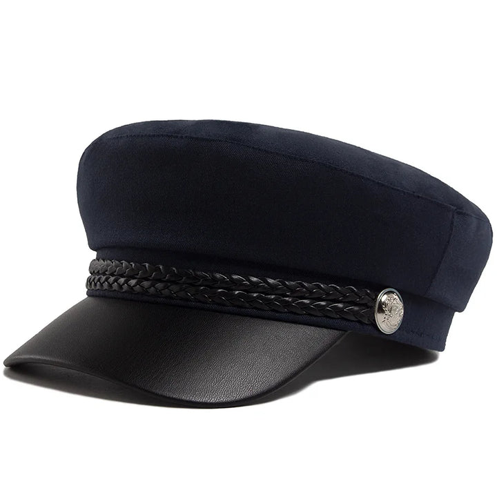 Flat Top Newsboy Cap Streetwear Women Vintage Sailor Cap Daily Wear British Style Cadet Cap PU Leather Brim Peaked Beret Travel