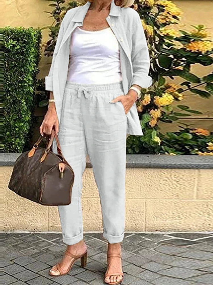 Cotton Linen Set Women Spring Summer Loose Oversize Long Sleeve Shirt Long Pants 2 Piece Sets Casual Office Ladies Trousers Suit