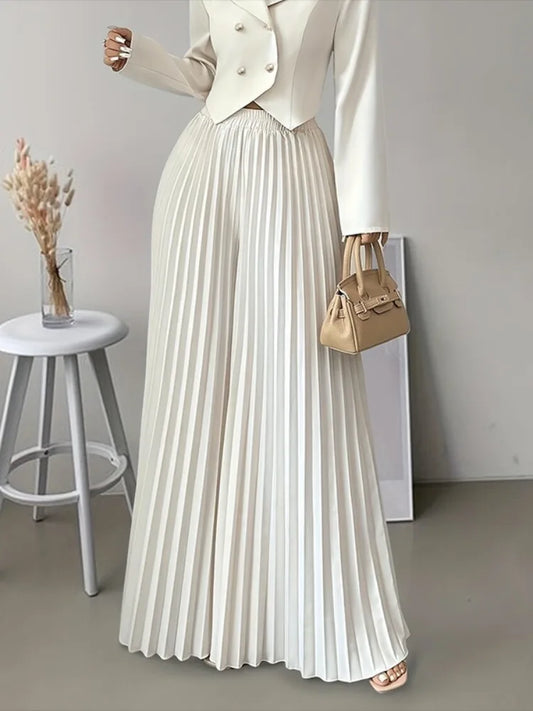 Missuoo Women‘s High Waist Elastic Waist Pleated Wide Leg Pants 2026 Summer Solid White Flowy Floor Length Palazzo Trousers