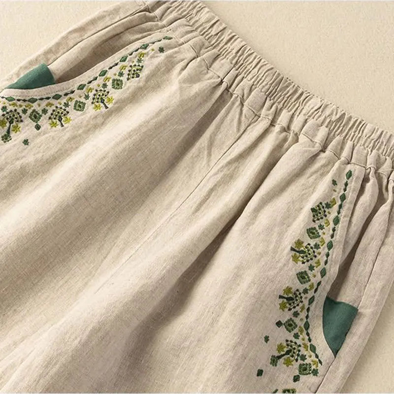 Embroidery Linen Solid Casual Elastic High Waist Loose Wide Leg Women&