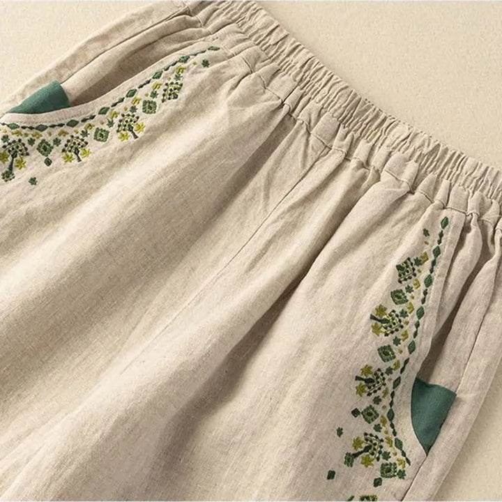 Embroidery Linen Solid Casual Elastic High Waist Loose Wide Leg Women&