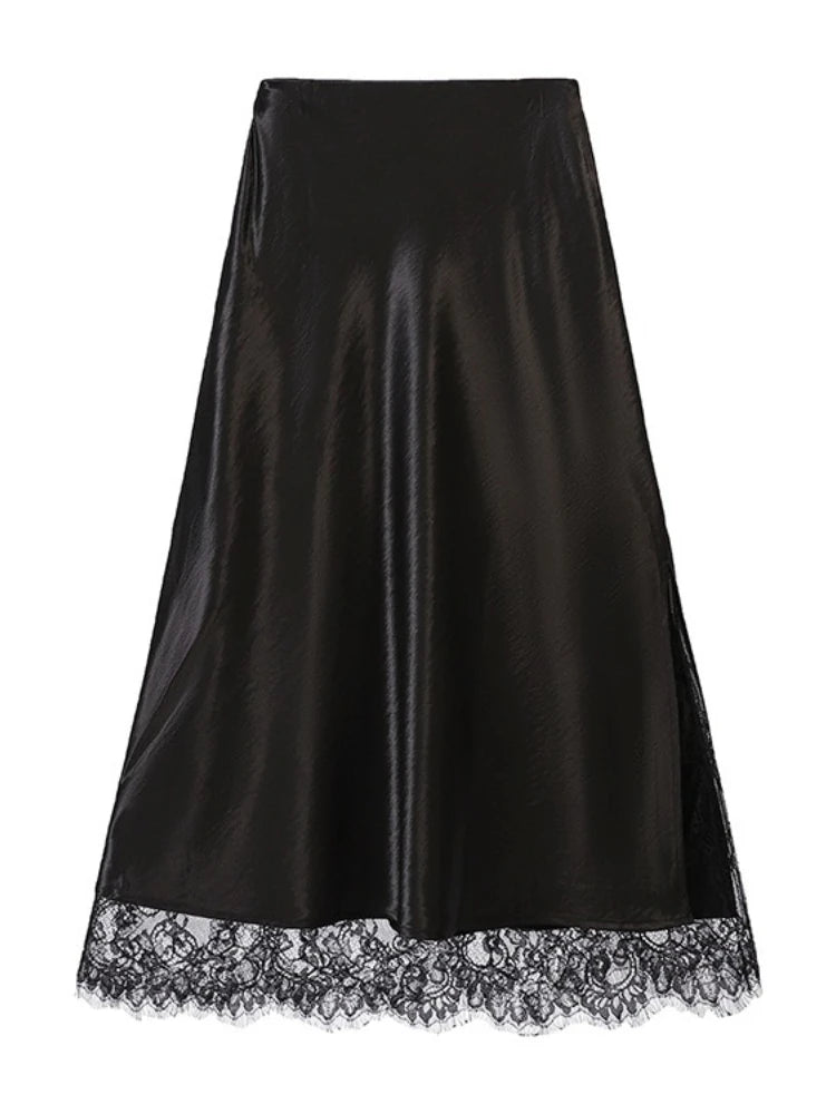 Women Satin Midi Skirt with Lace Trim High Waist Slip Elegant Silky Long Skirt Casual Daily, Dating, Office Outfits