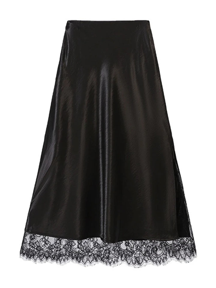 Women Satin Midi Skirt with Lace Trim High Waist Slip Elegant Silky Long Skirt Casual Daily, Dating, Office Outfits