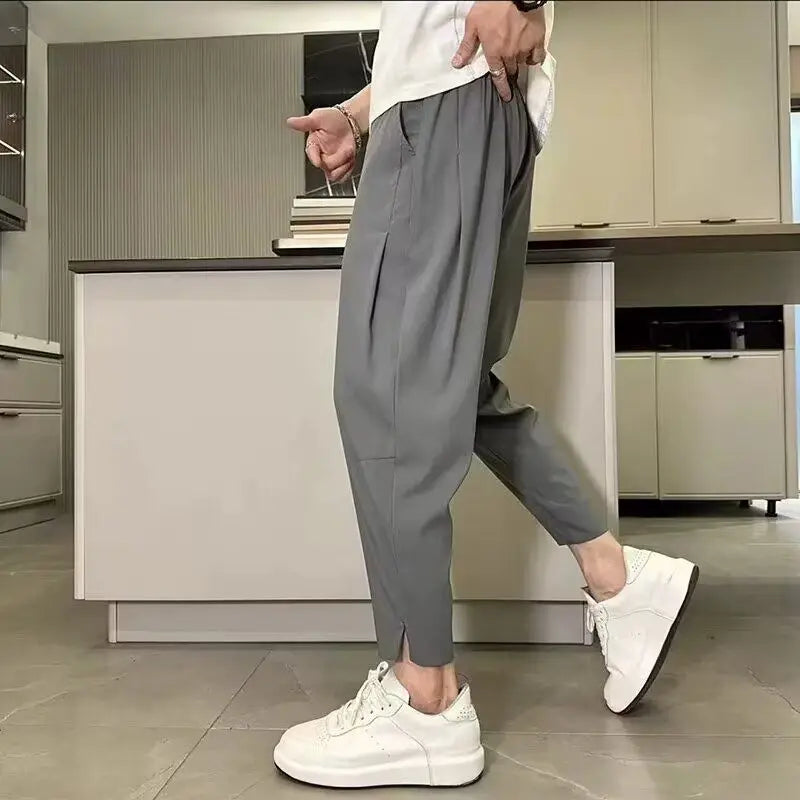 Mens Black Cropped Tapered Pants Elastic Waist Pocket Casual Slim Fit Trousers