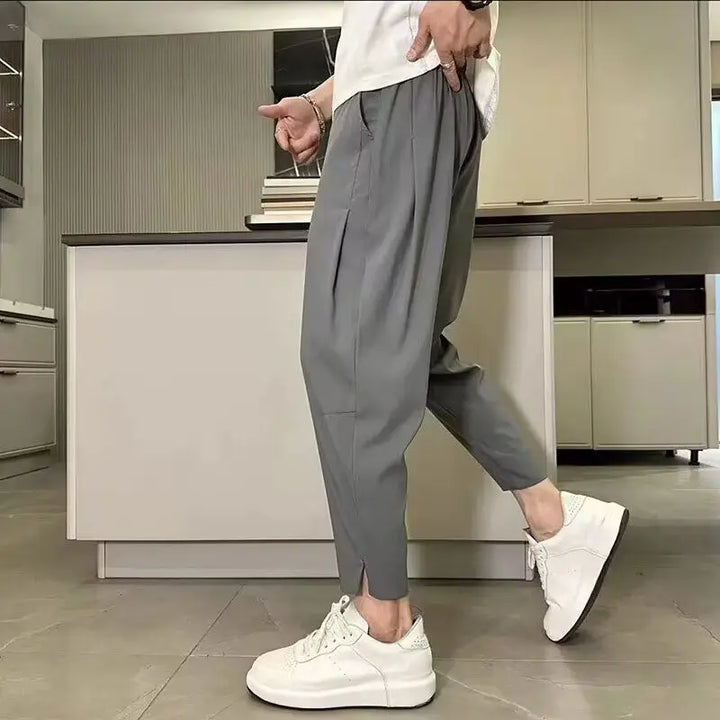Mens Black Cropped Tapered Pants Elastic Waist Pocket Casual Slim Fit Trousers