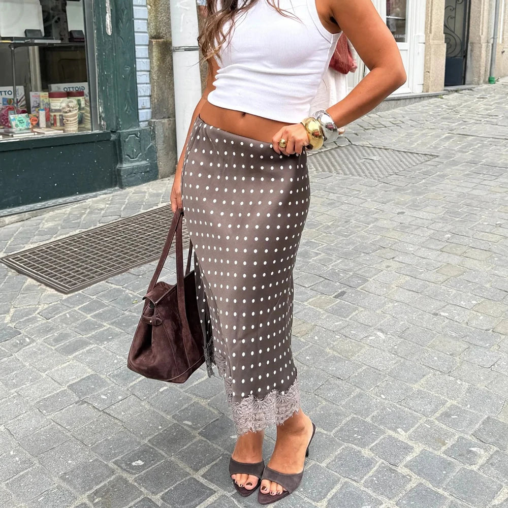 Women Vintage Elegant Lace Satin Spliced Midi Skirts Sexy Dots Print High Waist Retro Casual Straight Midi Skirts Streetwear