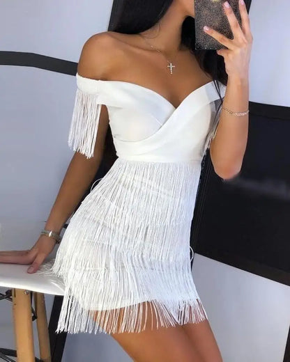 Women Evening Dresses Sexy Big V Neck One-shoulder Fringed Skirt Ladies Temperament Slim Dress Short Sleeve Club Dress Vestidos