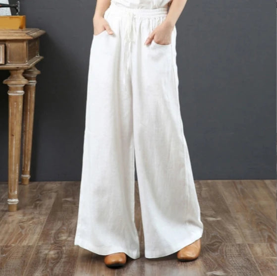 Women Wide Leg Pants Solid Loose Length Pants Cotton Linen Elastic Waist Casual Pants Vintage Mid Waist Pants 5XL
