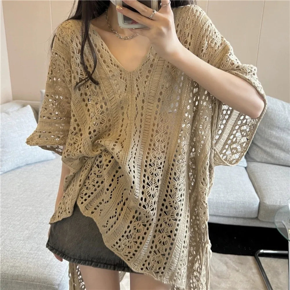 Oversized Hollow Out Swimsuit Cover Up Crochet Sweater Loose Knitted Bikini Cover Up Fishing Net V-neck Beach Wear Streetwear