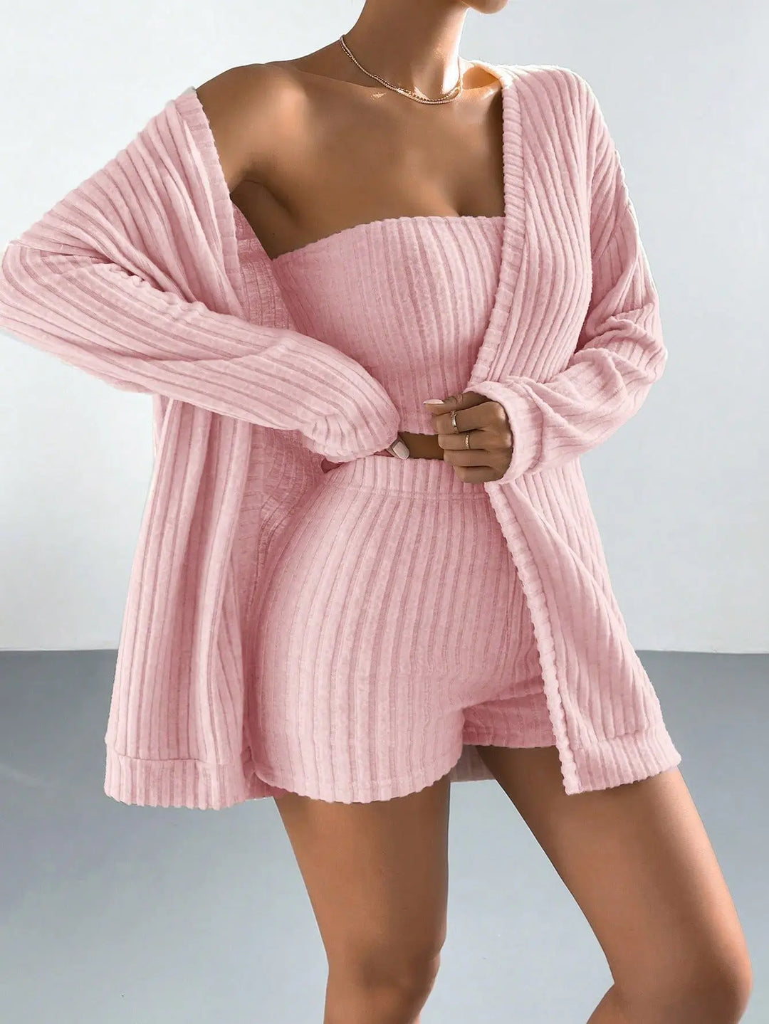 Cozy Brushed Ribbed Knit Women’s 3-Piece Loungewear Set, Long Sleeve Cardigan &amp; Bandeau Top &amp; Shorts, Soft Breathable Versatile