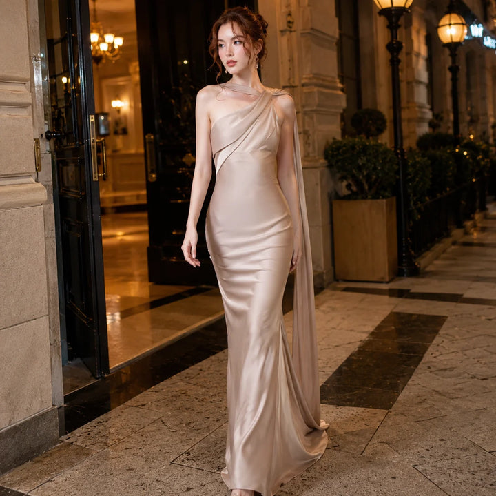 Satin One Shoulder Mermaid Maxi Dress Women Elegant Party Bodycon Slim White Evening Gown Formal Banquet Robe Female Clothing