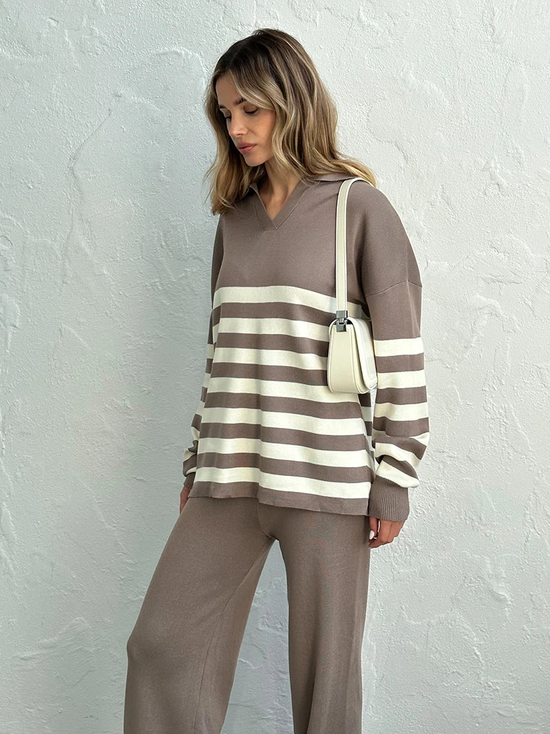 Casual Knit Tracksuit Women Two Piece Set 2 Piece Striped Sweater Matching Sets Loungewear Knitted Two Piece Sets For Women 2024